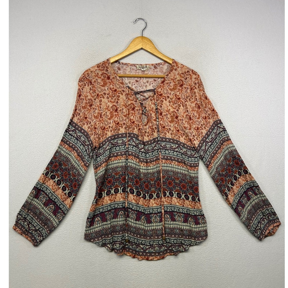 Boho Chic One World Womens XL Orange Paisley Lace Up Lurex Blouse